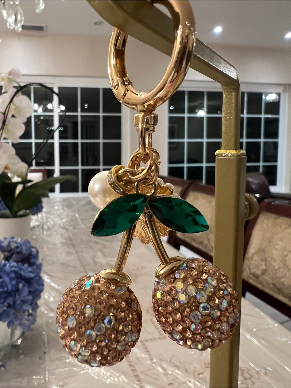Gold Crystal Cherry Bag Charm Keychain | Rhinestone Purse Charm - Picture 2 of 3